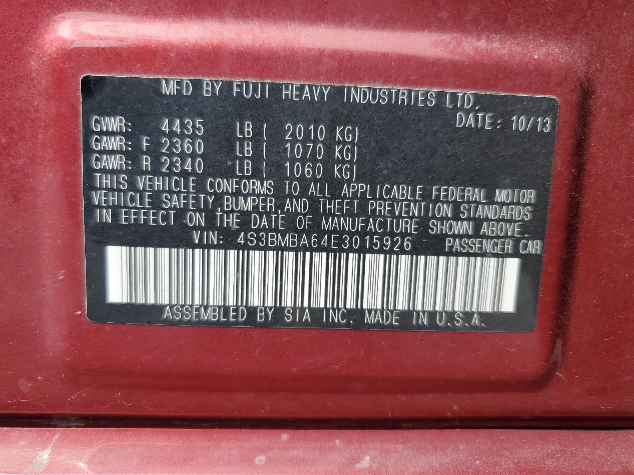 2014 Subaru Legacy 2.5I VIN: 4S3BMBA64E3015926 Lot: 63602335