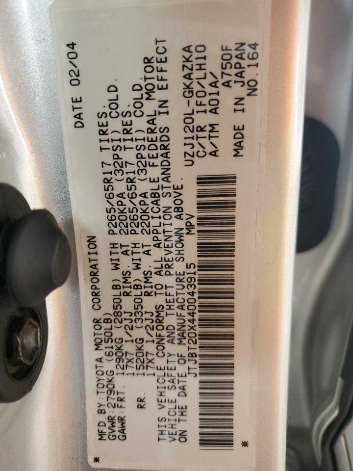 2004 Lexus Gx 470 VIN: JTJBT20X440043915 Lot: 65433935