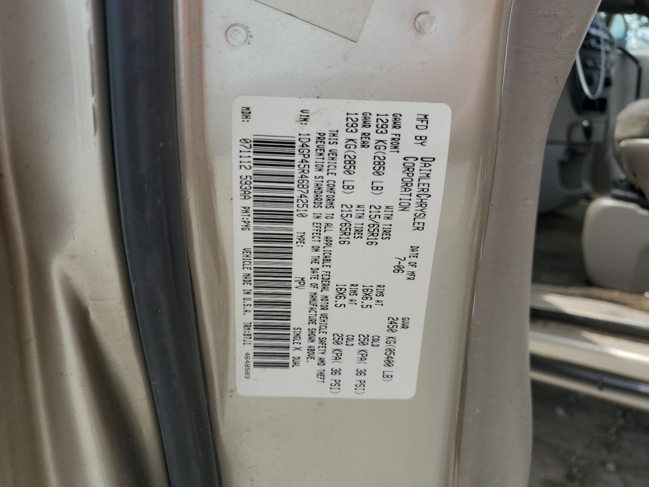 2006 Dodge Caravan Sxt VIN: 1D4GP45R46B742510 Lot: 63197415