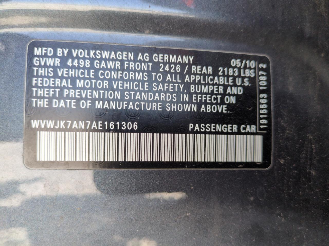 2010 Volkswagen Passat Komfort VIN: WVWJK7AN7AE161306 Lot: 64624155
