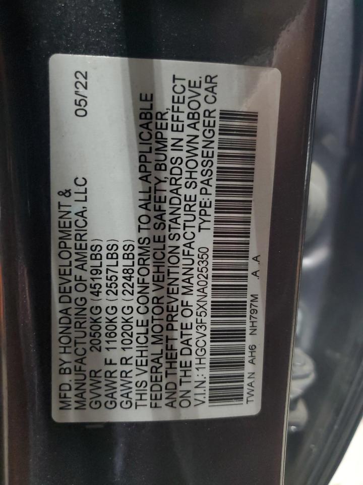 2022 Honda Accord Hybrid Exl VIN: 1HGCV3F5XNA025350 Lot: 64615525