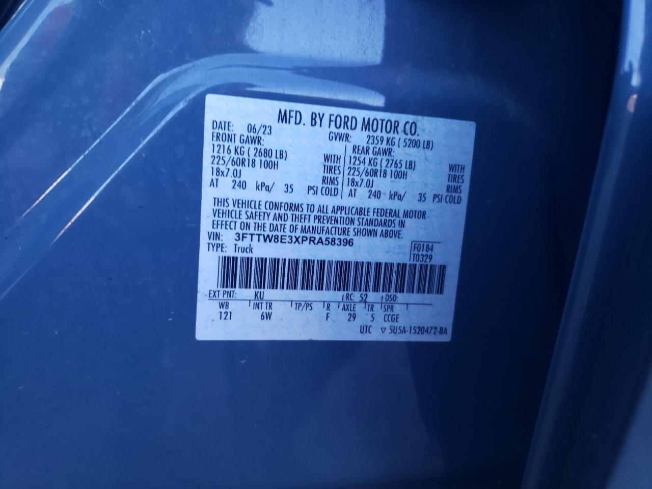 2023 Ford Maverick Xl VIN: 3FTTW8E3XPRA58396 Lot: 63504065