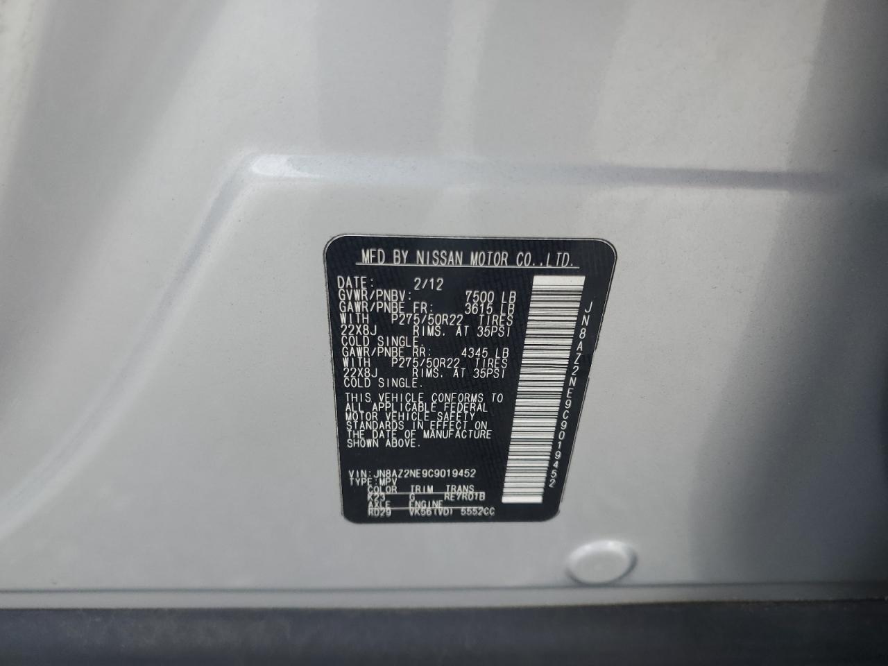 2012 Infiniti Qx56 VIN: JN8AZ2NE9C9019452 Lot: 63227375