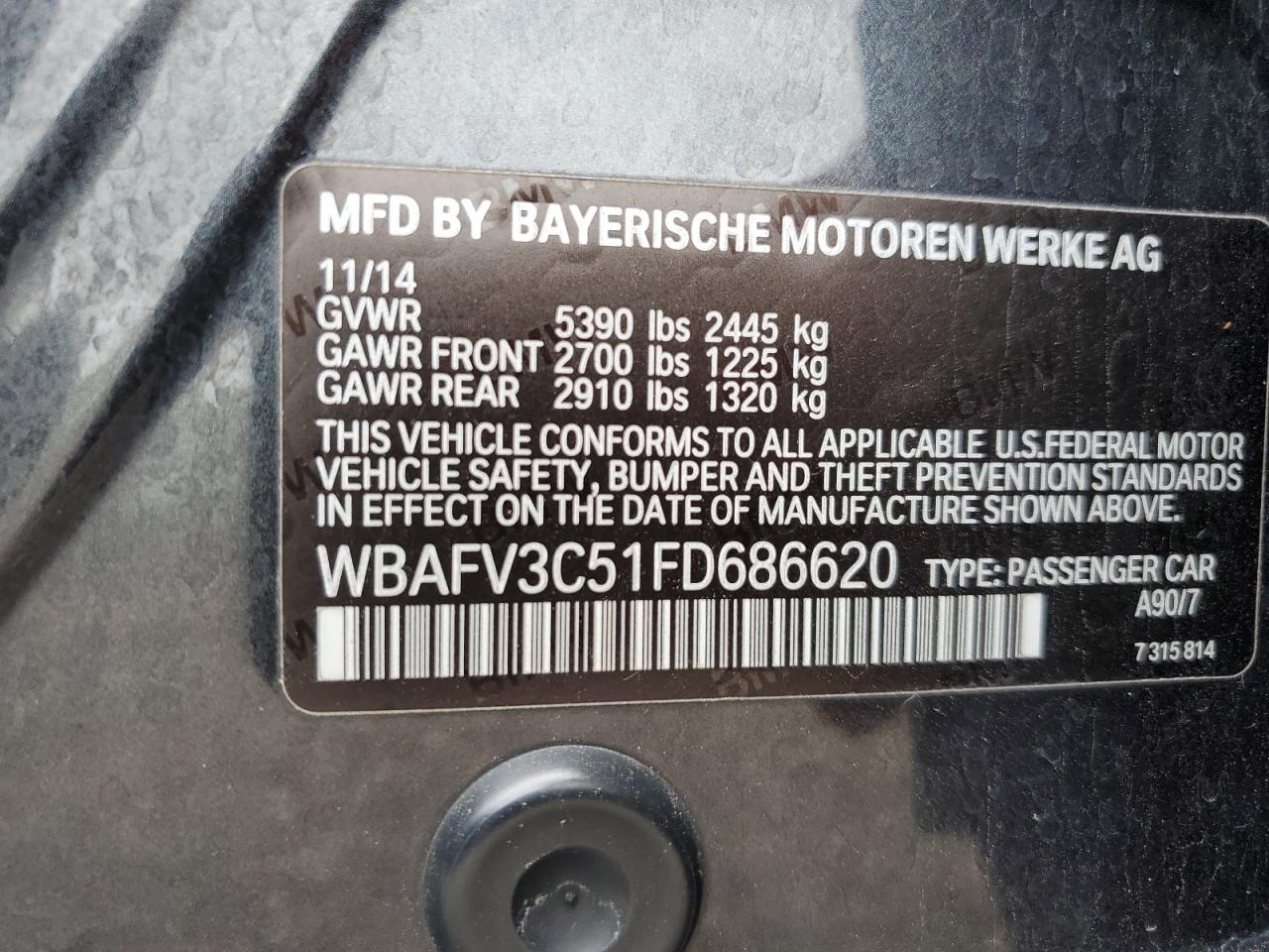 2015 BMW 535 D xDrive VIN: WBAFV3C51FD686620 Lot: 62902995
