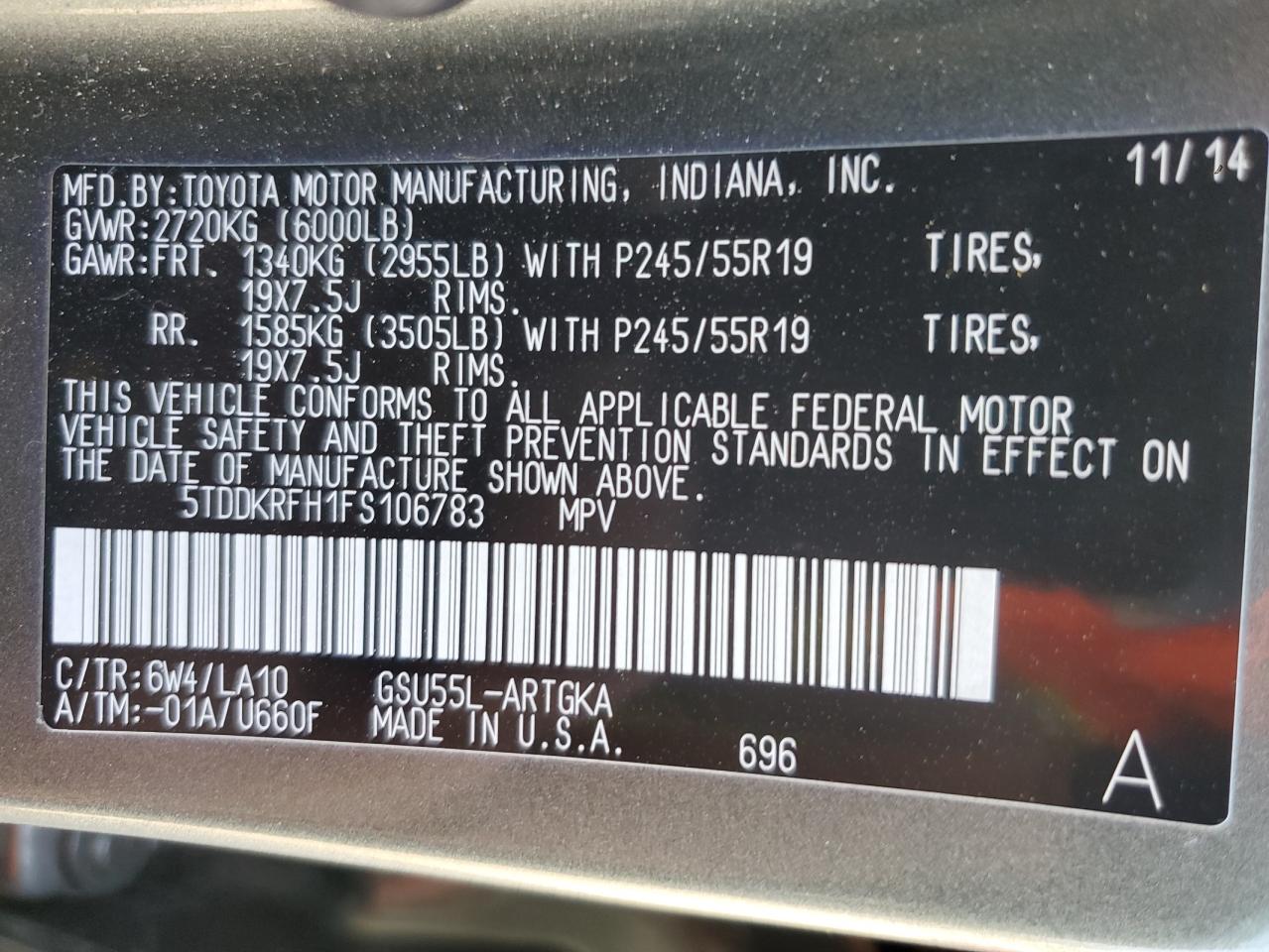 2015 Toyota Highlander Limited VIN: 5TDDKRFH1FS106783 Lot: 64672075