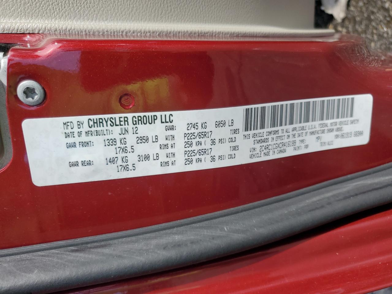 2012 Chrysler Town & Country Touring L VIN: 2C4RC1CGXCR416189 Lot: 63401745