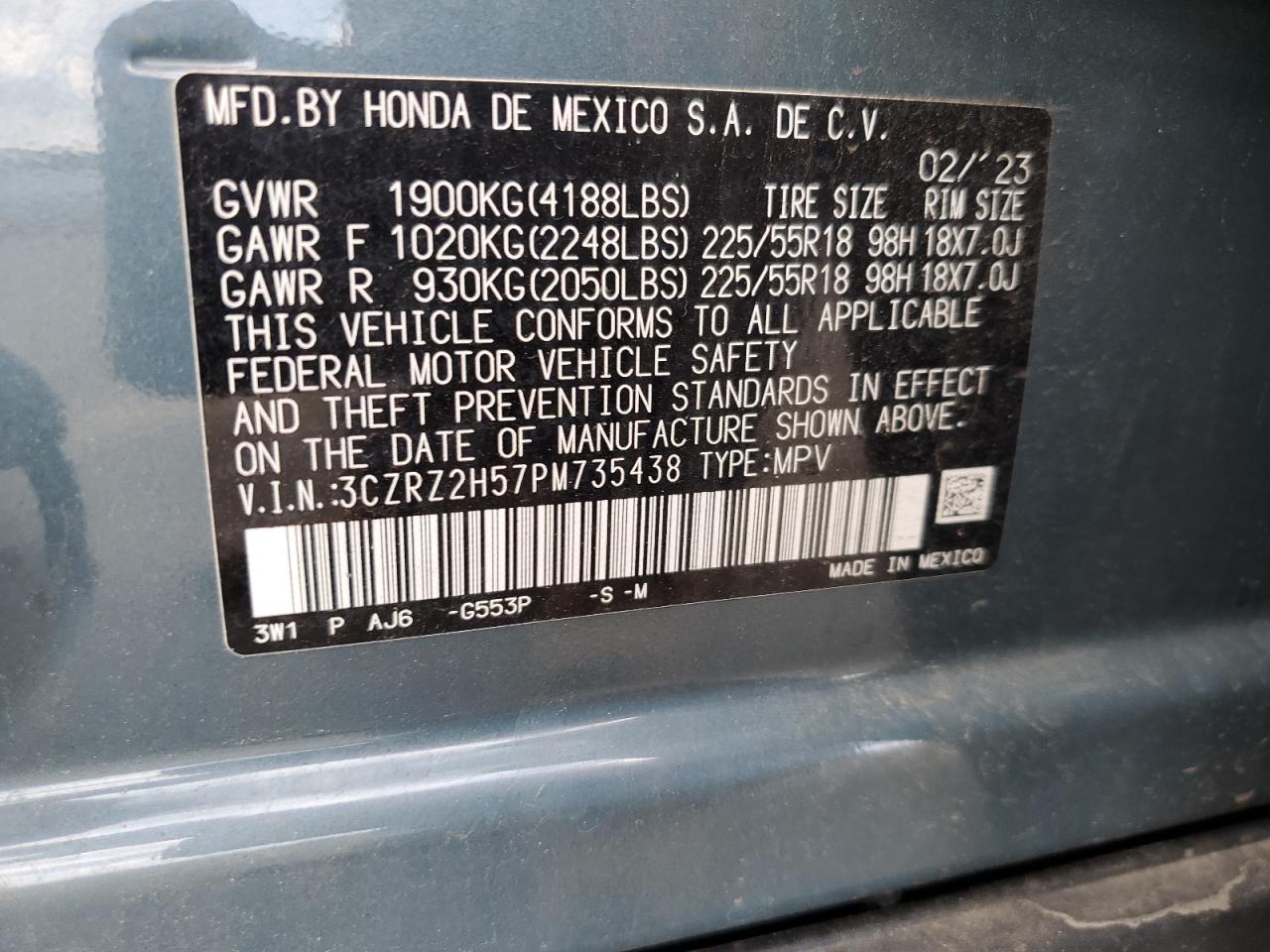 2023 Honda Hr-V Sport VIN: 3CZRZ2H57PM735438 Lot: 64050815