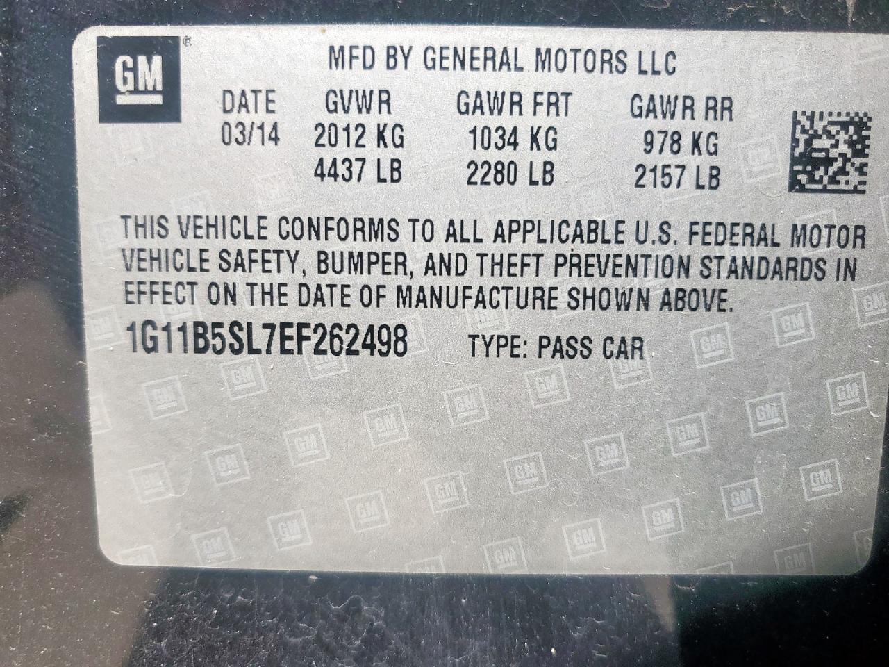 2014 Chevrolet Malibu Ls VIN: 1G11B5SL7EF262498 Lot: 65423855