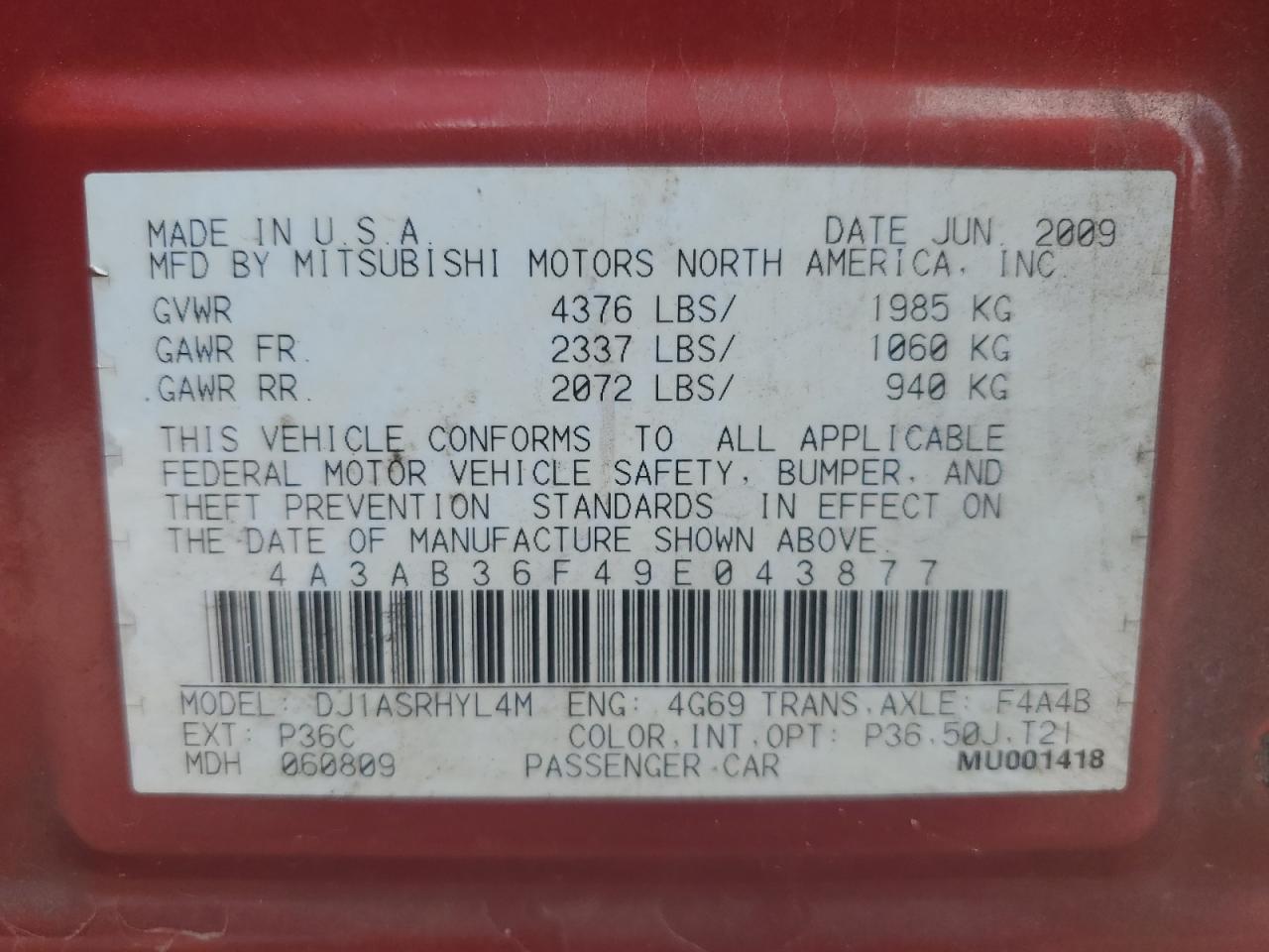 2009 Mitsubishi Galant Es VIN: 4A3AB36F49E043877 Lot: 63386795