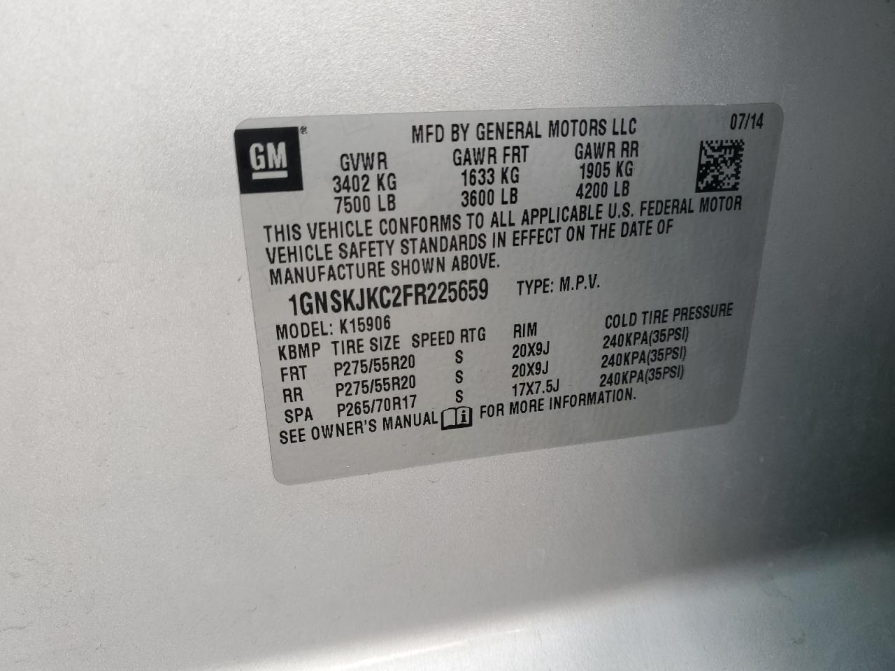 2015 Chevrolet Suburban K1500 Lt VIN: 1GNSKJKC2FR225659 Lot: 65719275