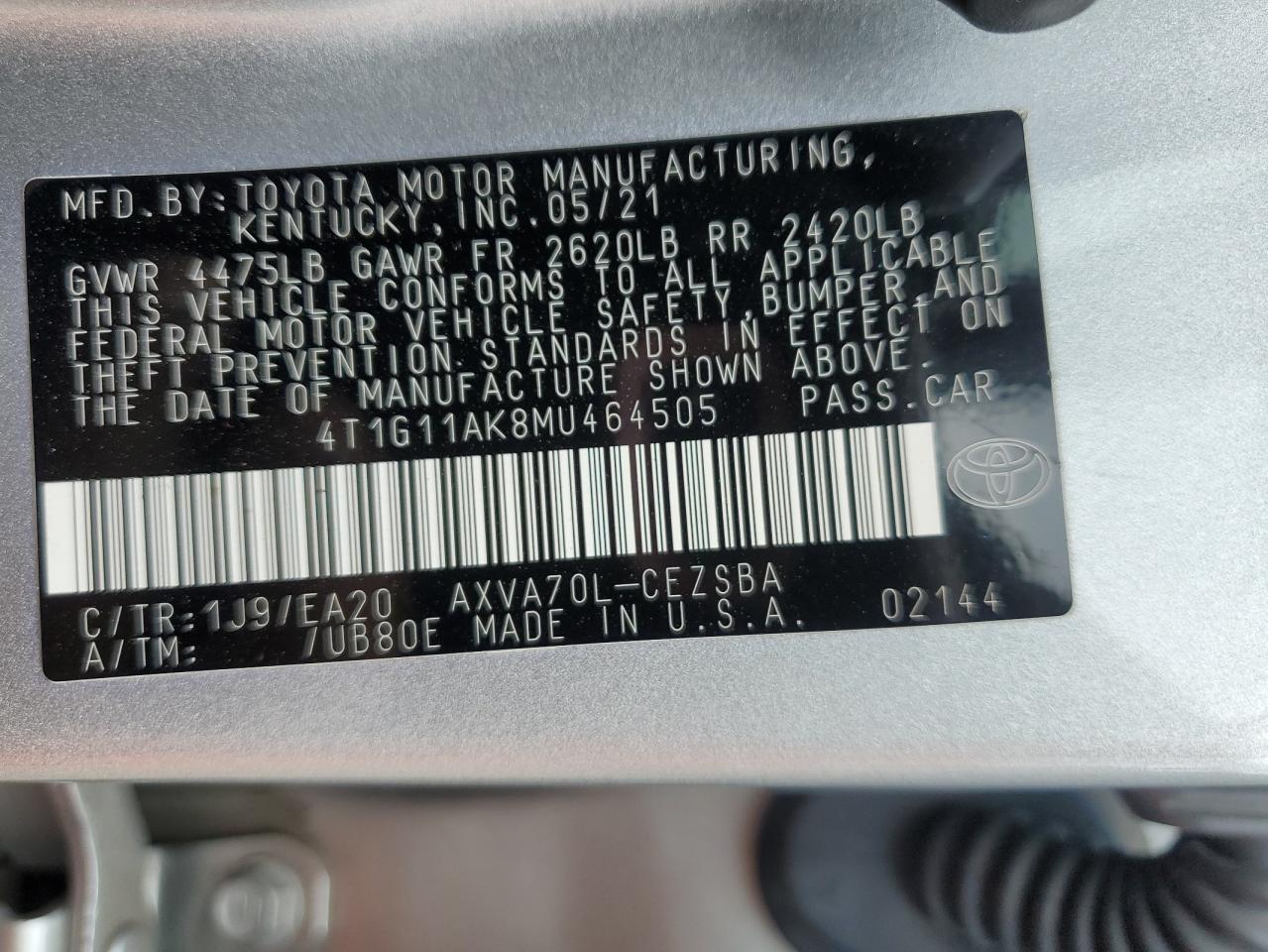 2021 Toyota Camry Se VIN: 4T1G11AK8MU464505 Lot: 65260485