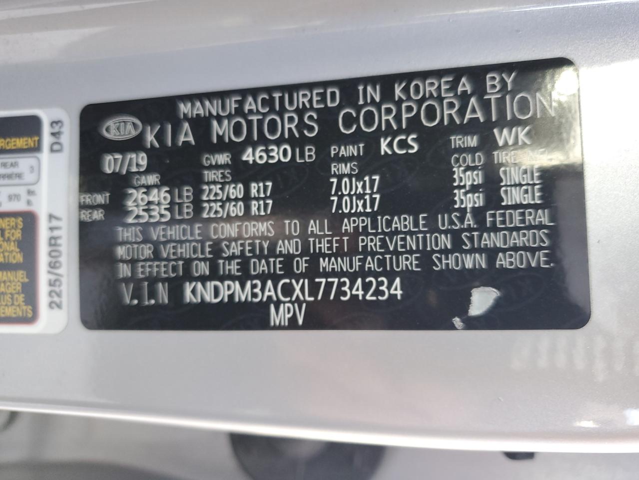2020 Kia Sportage Lx VIN: KNDPM3ACXL7734234 Lot: 66886895