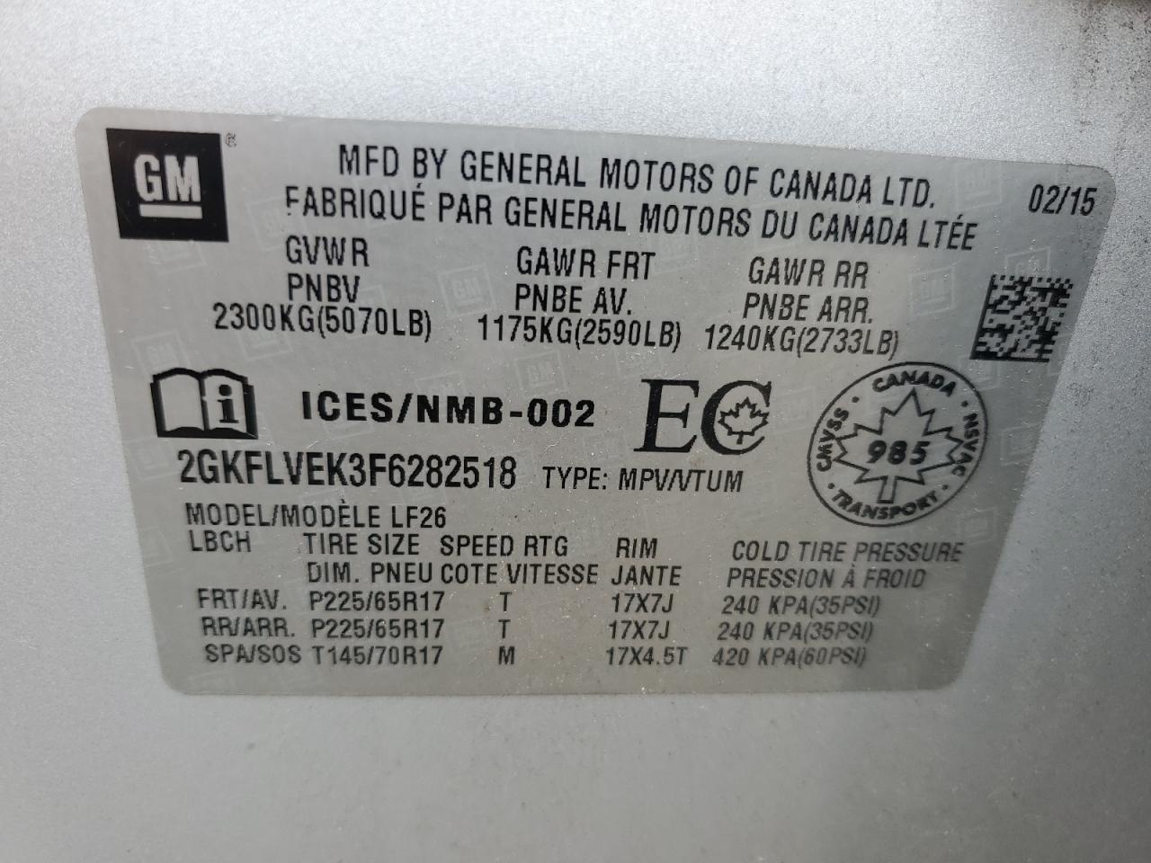 2015 GMC Terrain Sle VIN: 2GKFLVEK3F6282518 Lot: 65449585