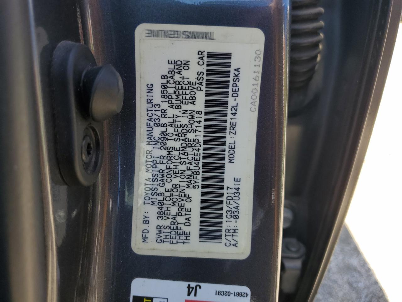 2013 Toyota Corolla Base VIN: 5YFBU4EE4DP171418 Lot: 63328305