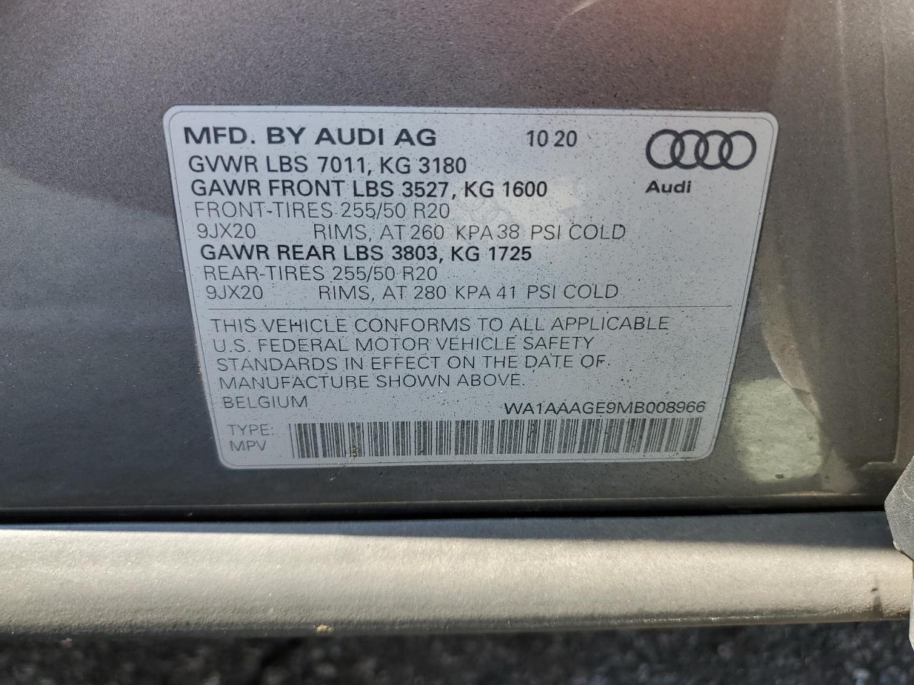 2021 Audi E-Tron Premium VIN: WA1AAAGE9MB008966 Lot: 64599375