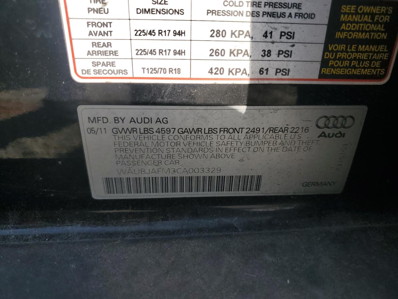 2012 Audi A3 Premium VIN: WAUBJAFM3CA003329 Lot: 64788025