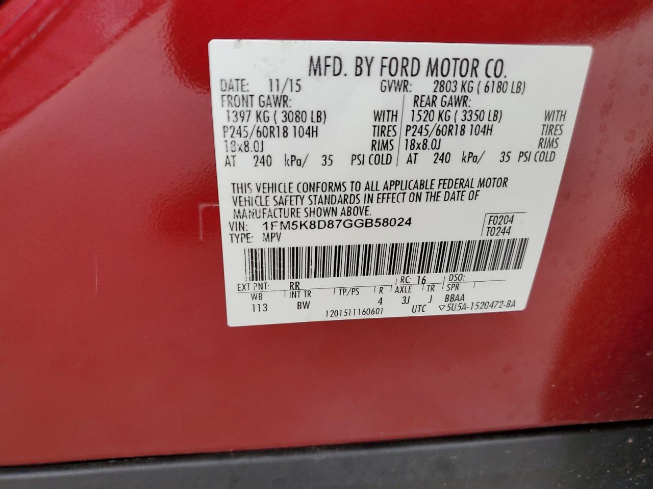 2016 Ford Explorer Xlt VIN: 1FM5K8D87GGB58024 Lot: 64966445