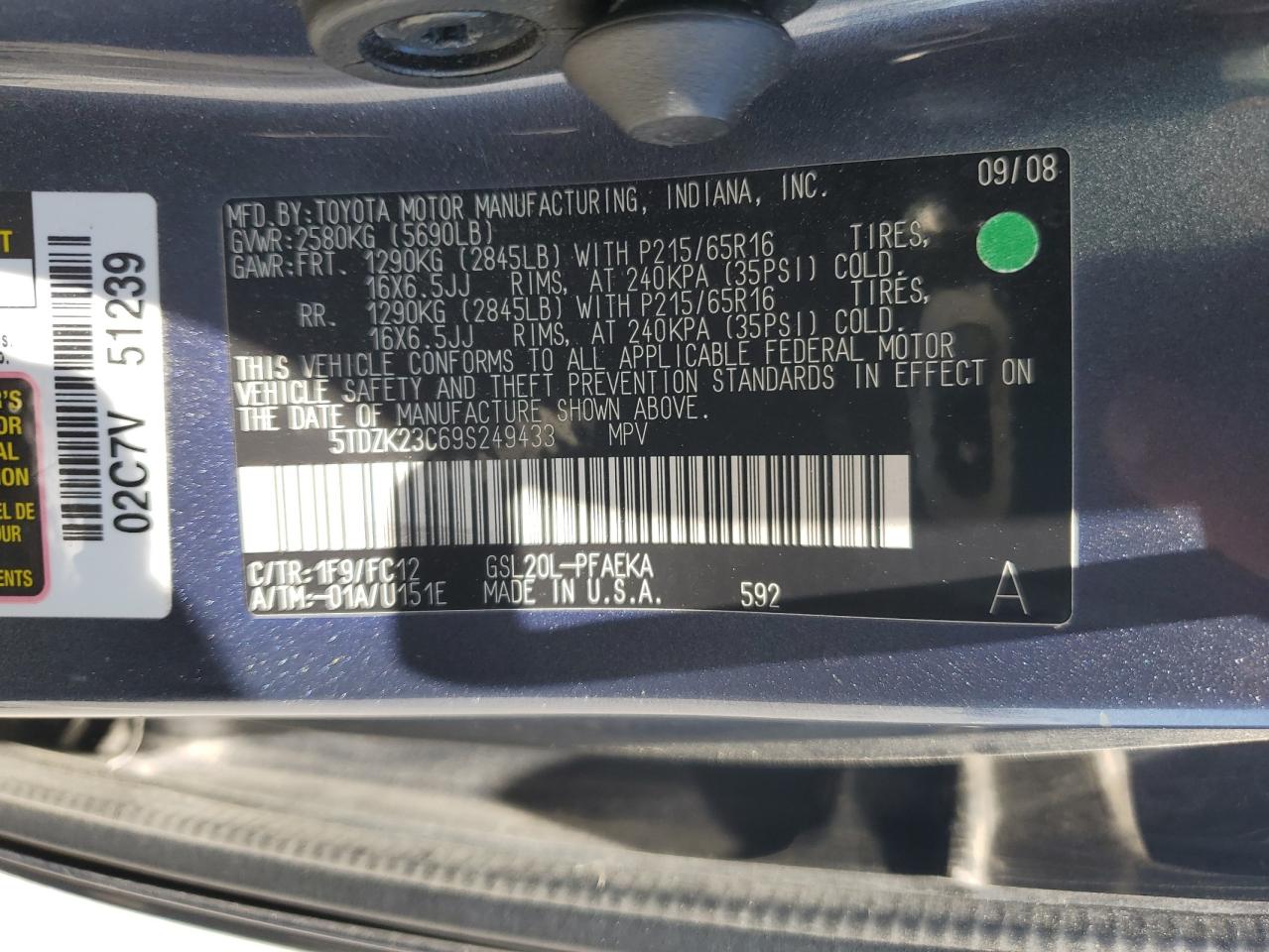 2009 Toyota Sienna Ce VIN: 5TDZK23C69S249433 Lot: 62905315