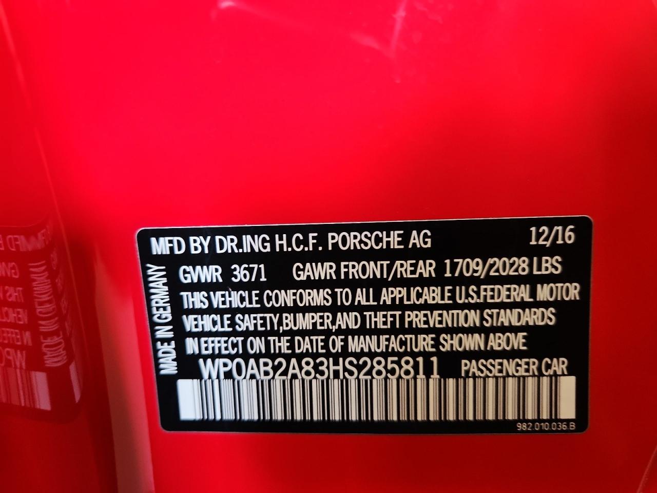 2017 Porsche Cayman S VIN: WP0AB2A83HS285811 Lot: 65057275