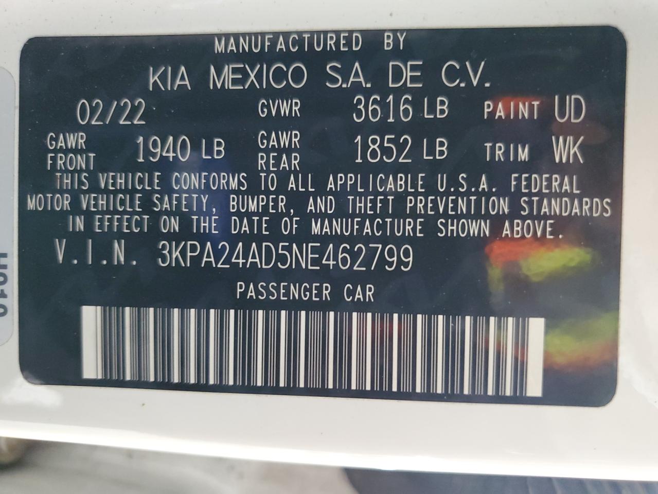 2022 Kia Rio Lx VIN: 3KPA24AD5NE462799 Lot: 63348455