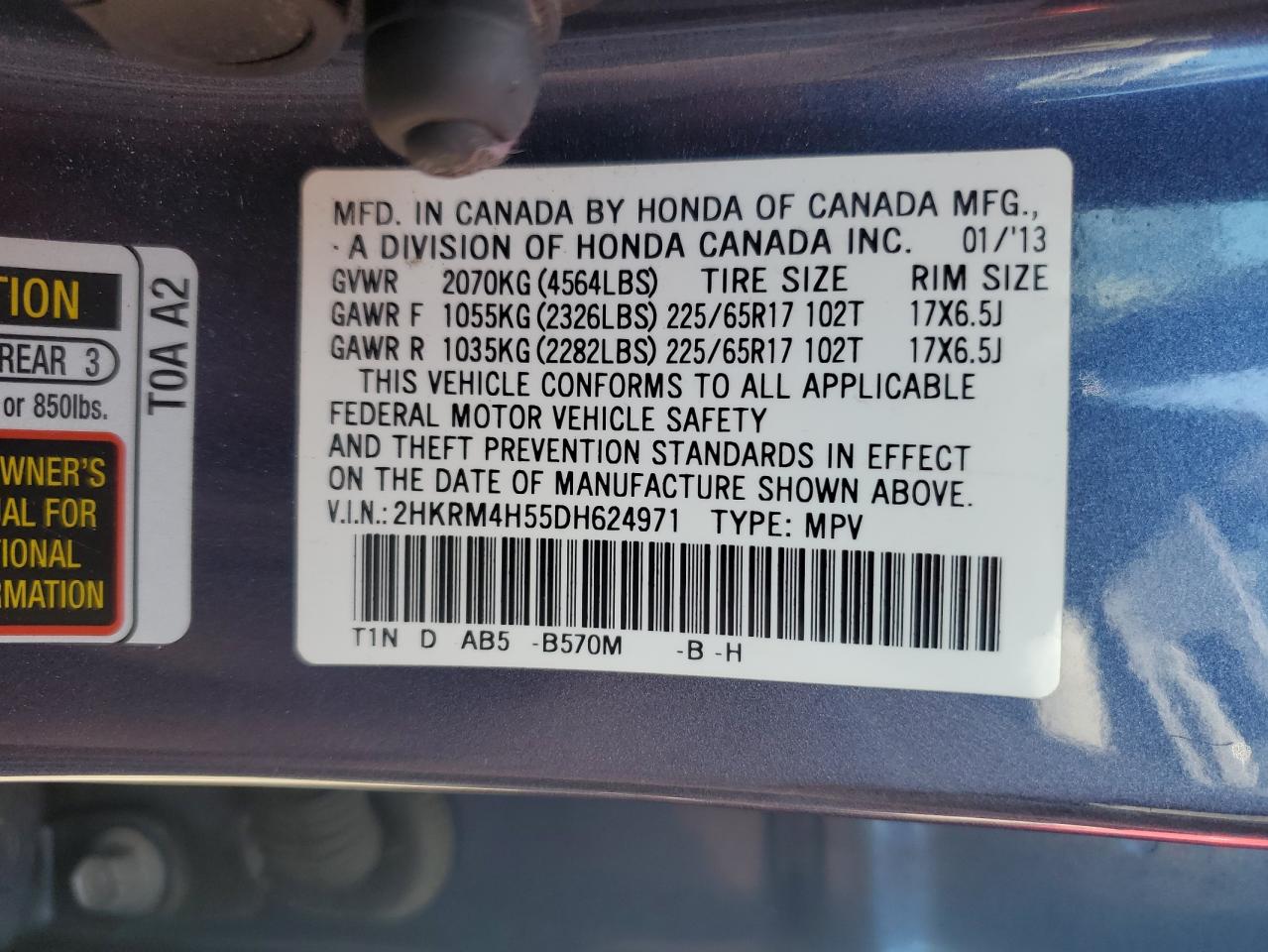 2013 Honda Cr-V Ex VIN: 2HKRM4H55DH624971 Lot: 64935705