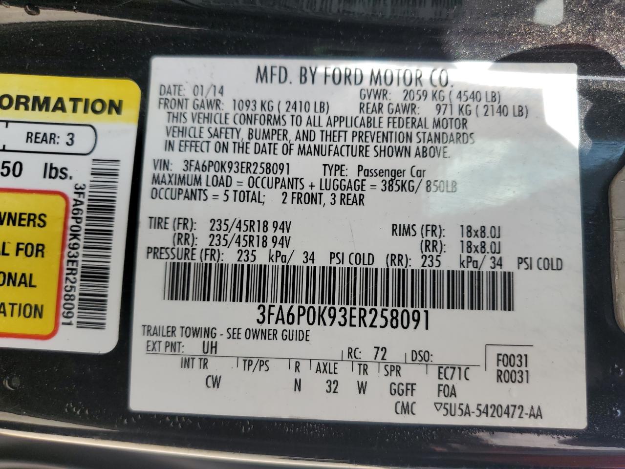 2014 Ford Fusion Titanium VIN: 3FA6P0K93ER258091 Lot: 63648305