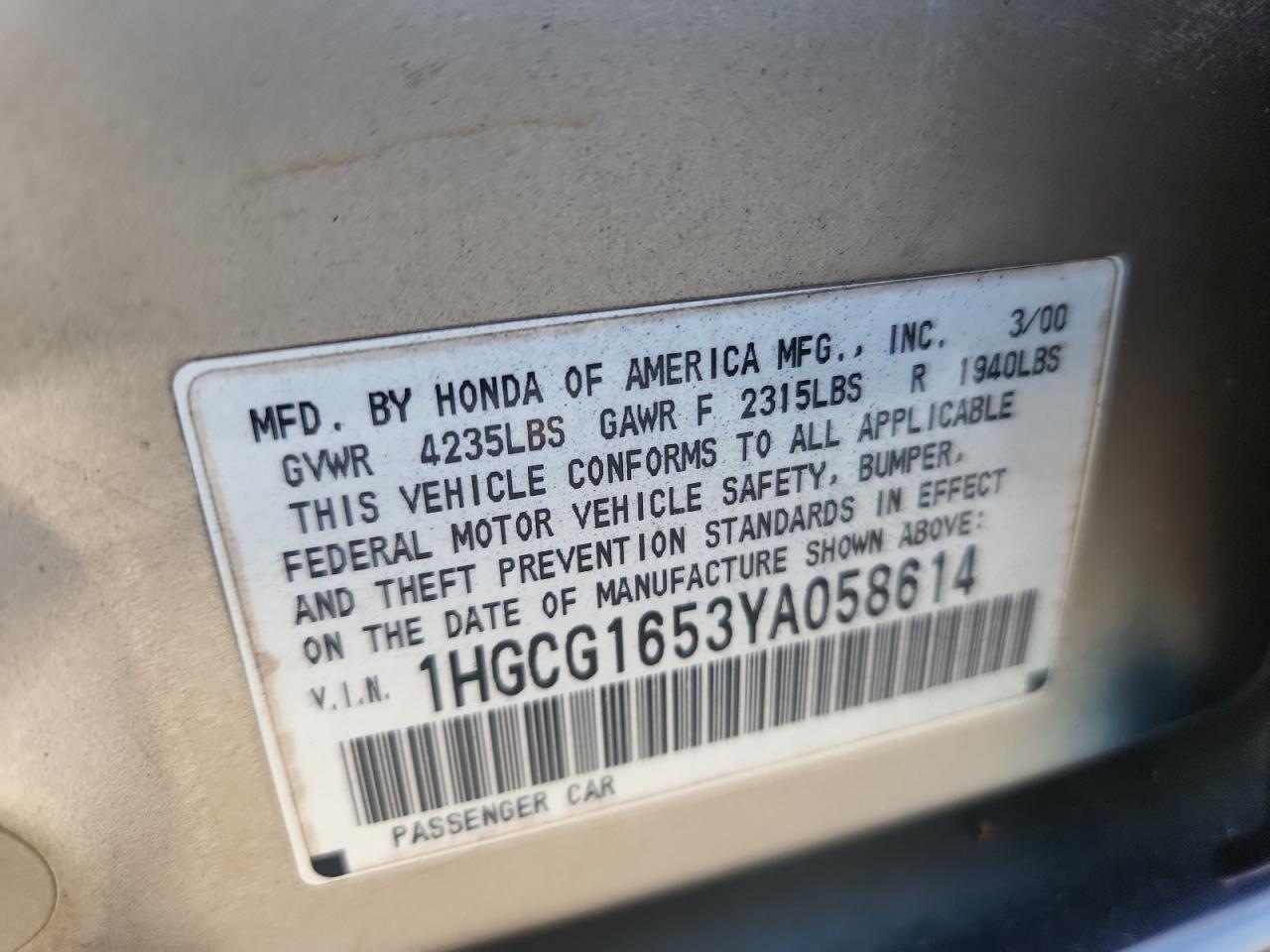 2000 Honda Accord Ex VIN: 1HGCG1653YA058614 Lot: 63989605