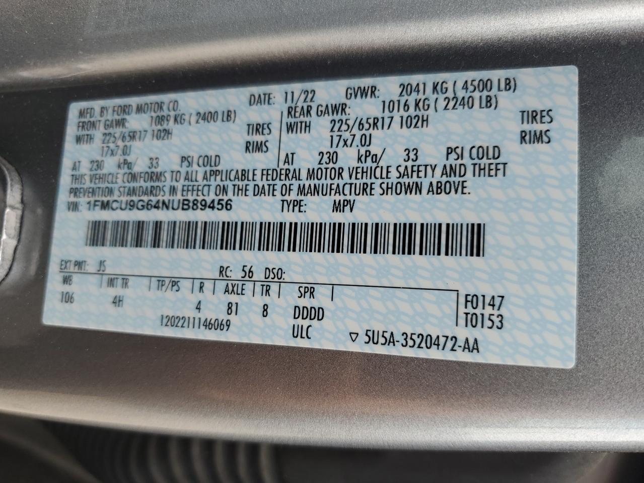 2022 Ford Escape Se VIN: 1FMCU9G64NUB89456 Lot: 65284725