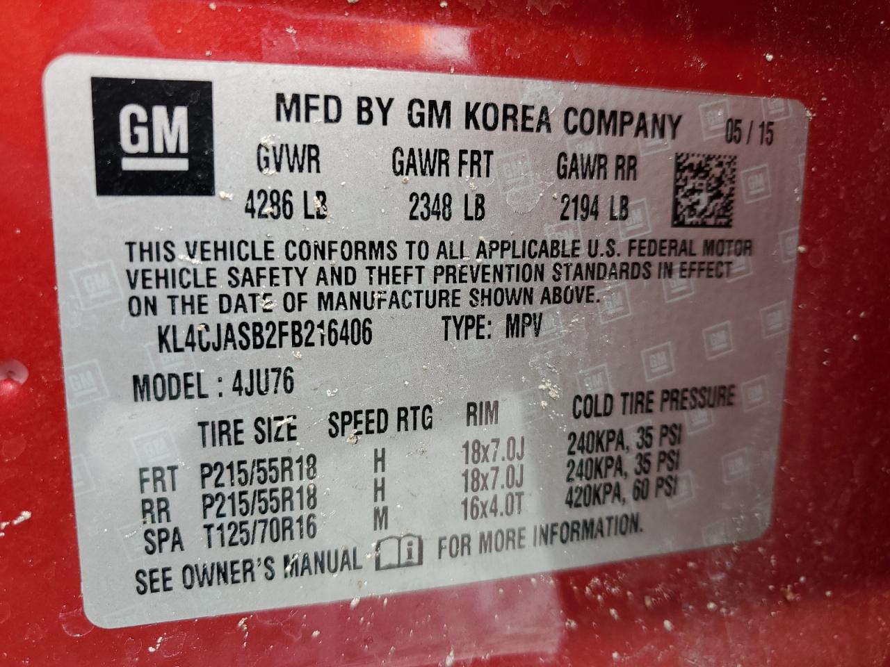 2015 Buick Encore VIN: KL4CJASB2FB216406 Lot: 65044875