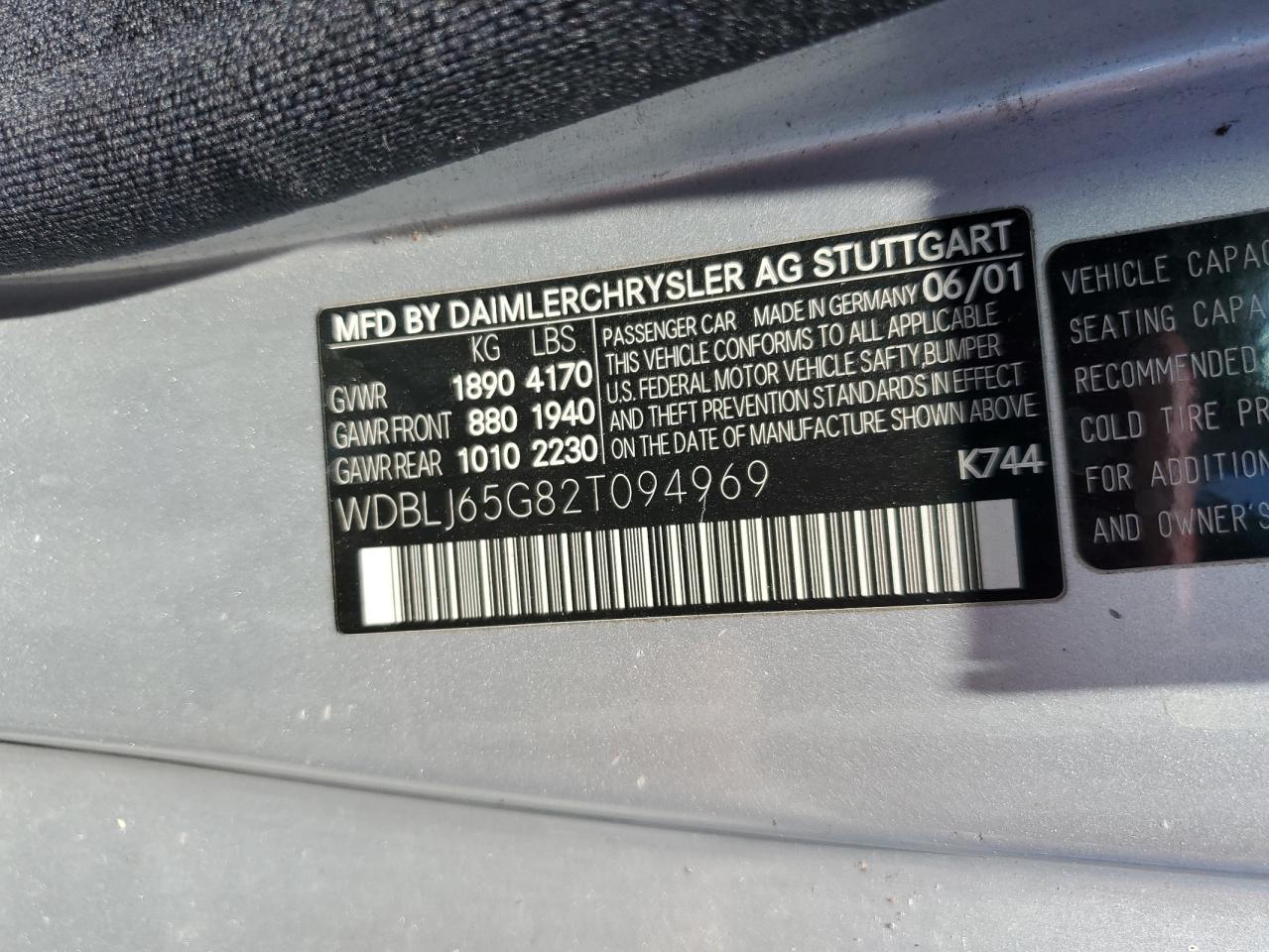 2002 Mercedes-Benz Clk 320 VIN: WDBLJ65G82T094969 Lot: 64224905