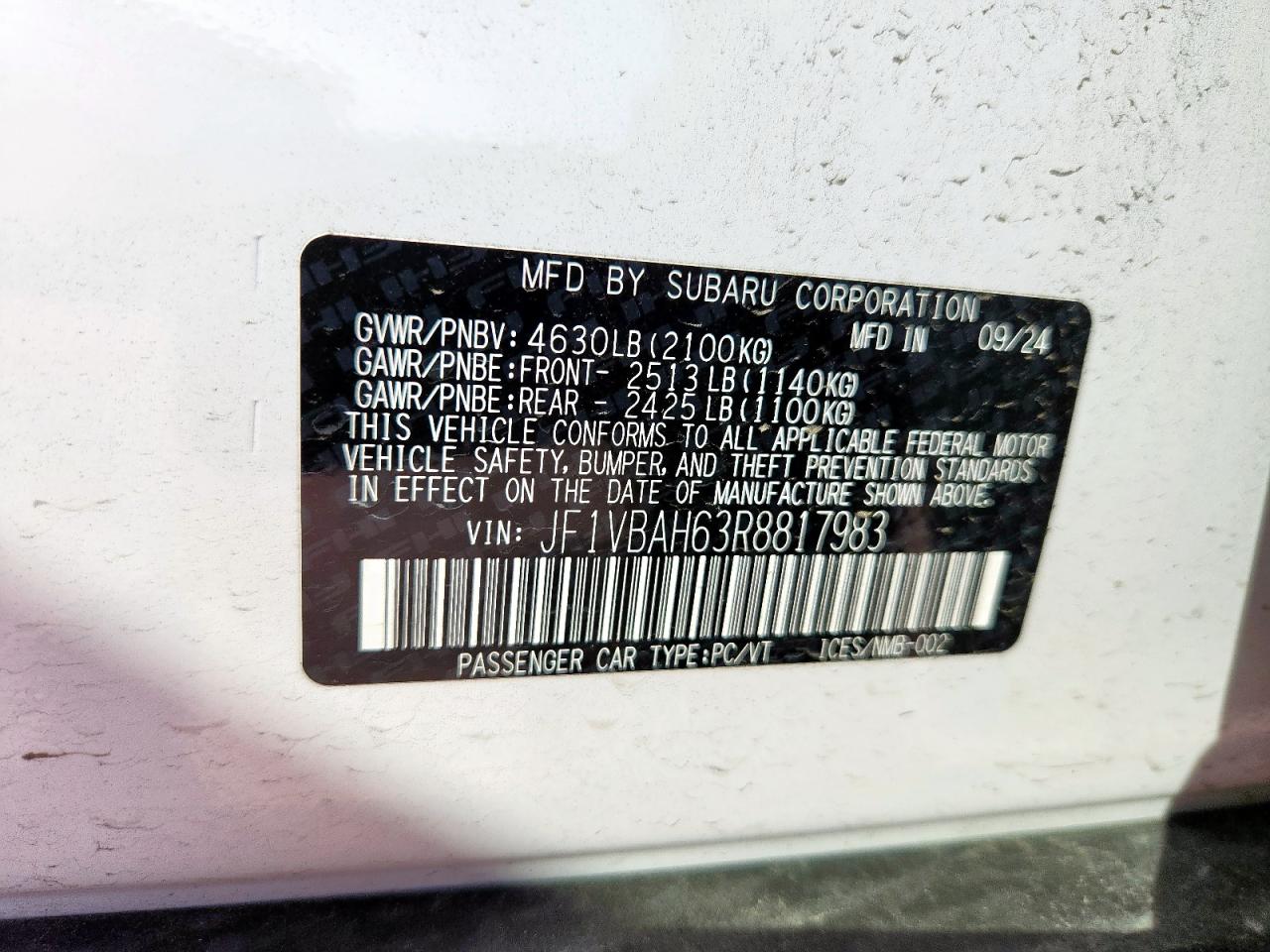 2024 Subaru Wrx Premium VIN: JF1VBAH63R8817983 Lot: 62941265