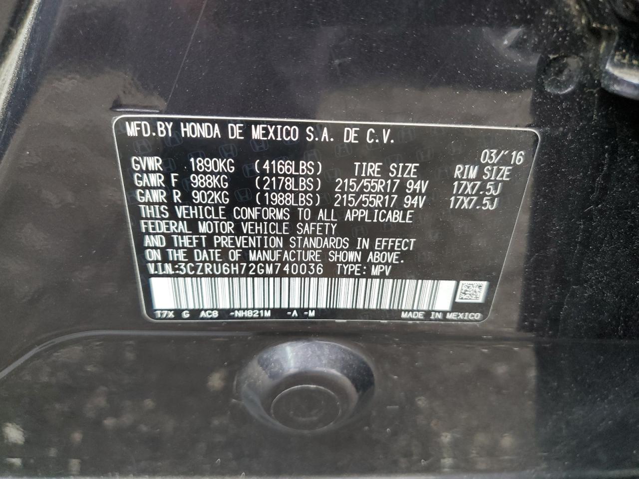 2016 Honda Hr-V Exl VIN: 3CZRU6H72GM740036 Lot: 63602265