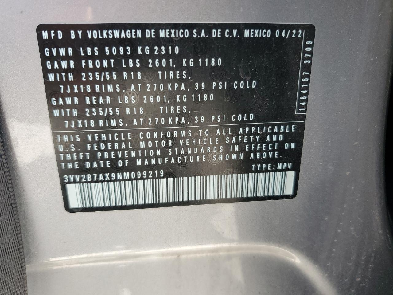 2022 Volkswagen Tiguan Se VIN: 3VV2B7AX9NM099219 Lot: 63124545