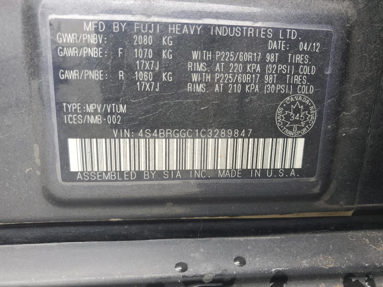 2012 Subaru Outback 2.5I Premium VIN: 4S4BRGGC1C3289847 Lot: 65436515