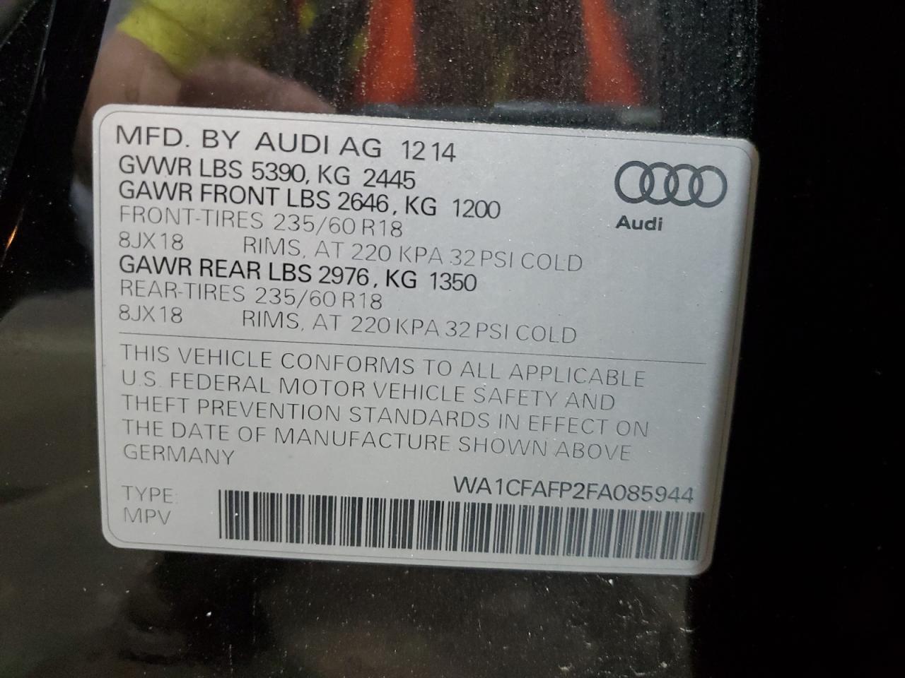 2015 Audi Q5 Premium VIN: WA1CFAFP2FA085944 Lot: 62824065