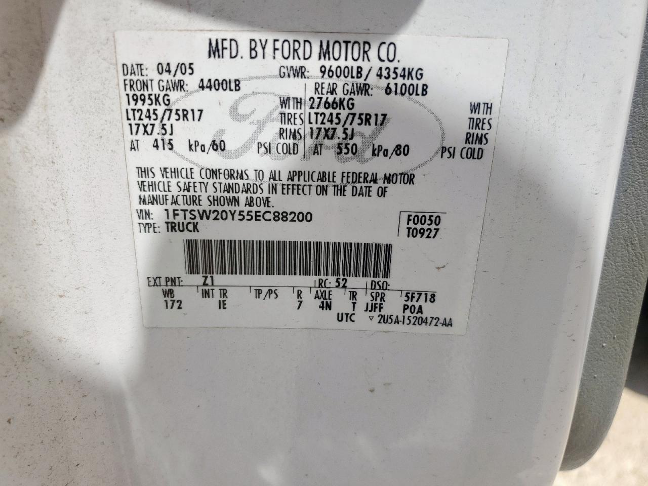 2005 Ford F250 Super Duty VIN: 1FTSW20Y55EC88200 Lot: 64275295