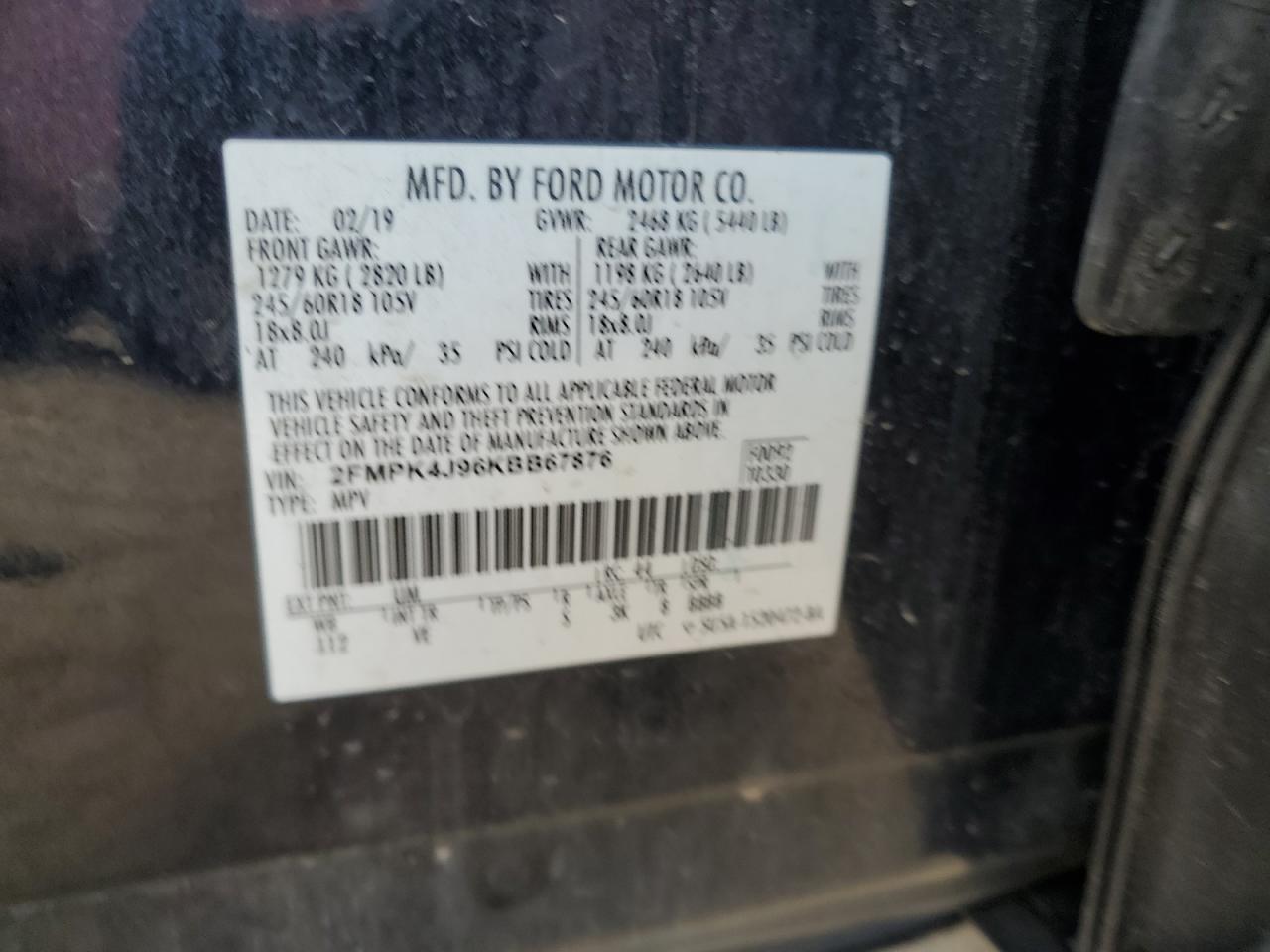2019 Ford Edge Sel VIN: 2FMPK4J96KBB67876 Lot: 64302685