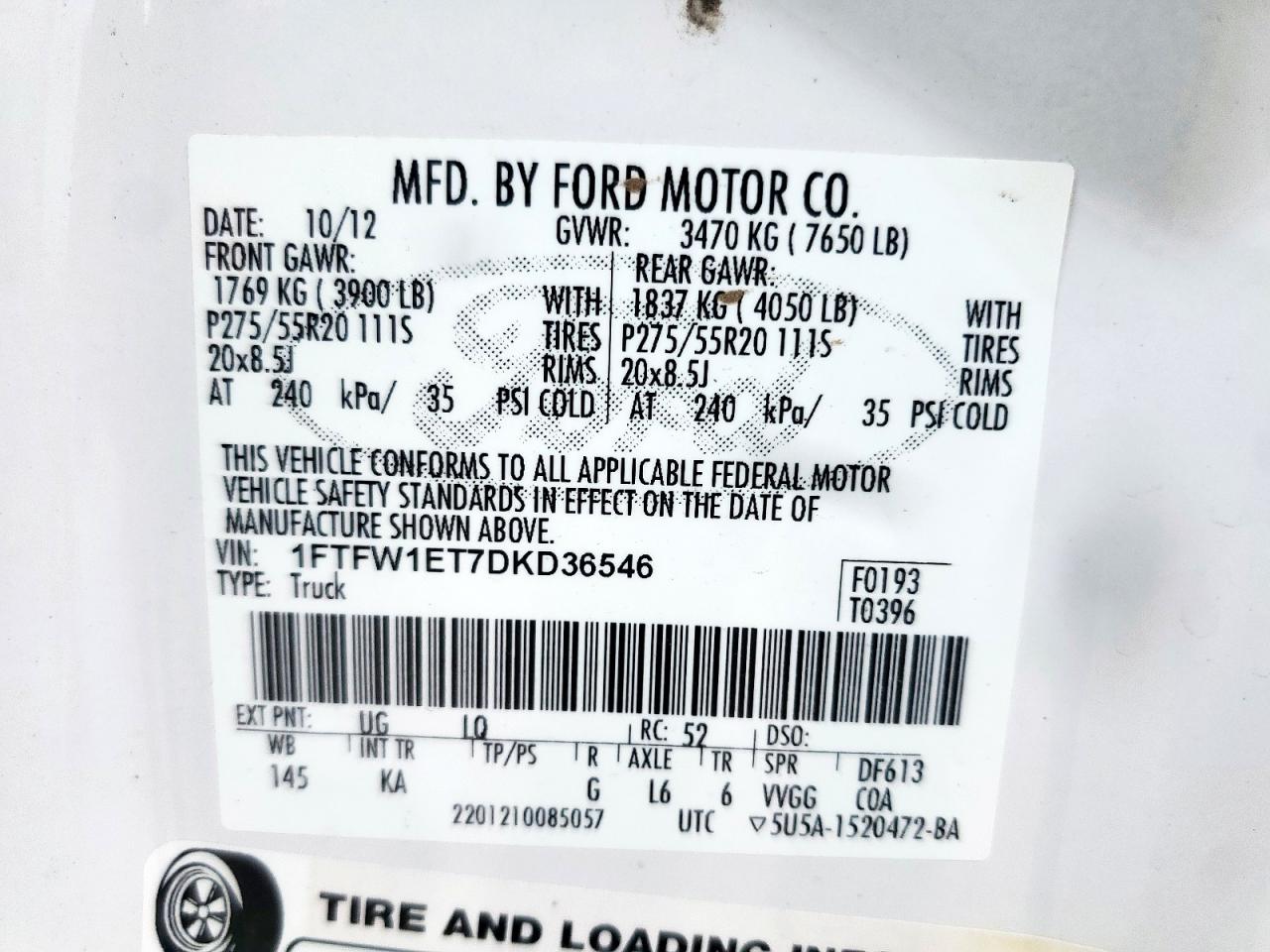 2013 Ford F150 Supercrew VIN: 1FTFW1ET7DKD36546 Lot: 64623475