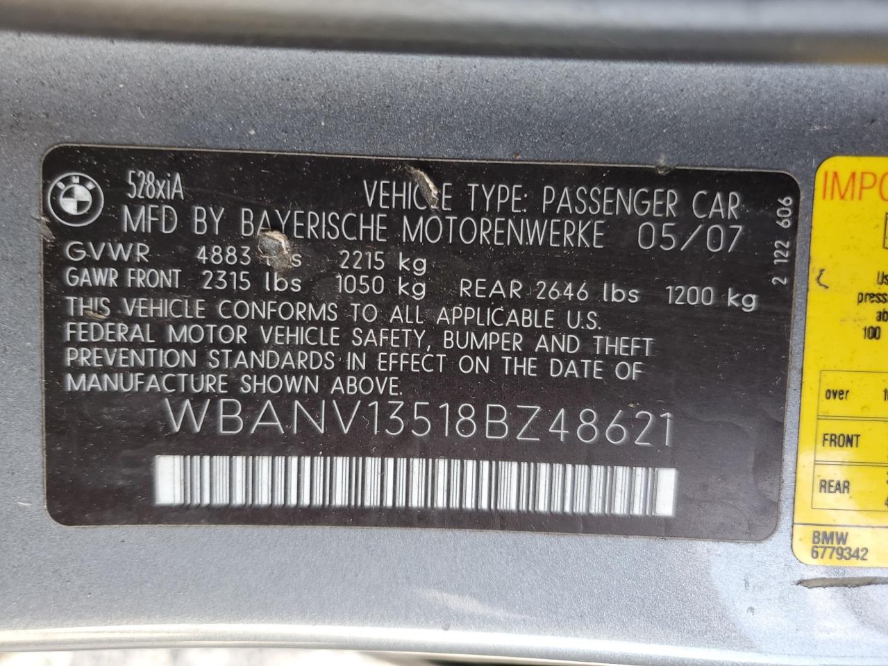 wbanv13518bz48621 WBANV13518BZ48621 2008 BMW 528 Xi