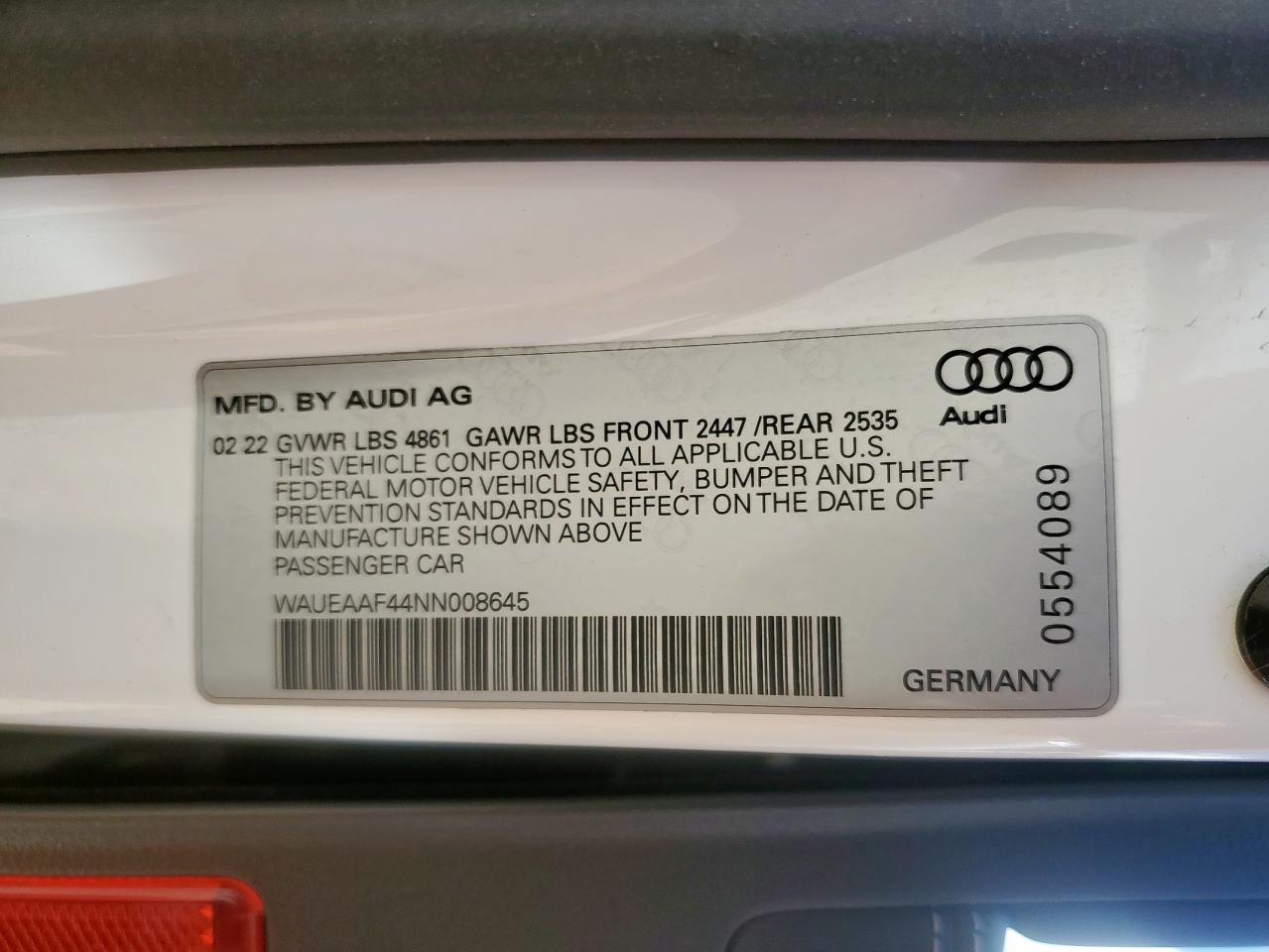 2022 Audi A4 Premium Plus 45 VIN: WAUEAAF44NN008645 Lot: 65438985