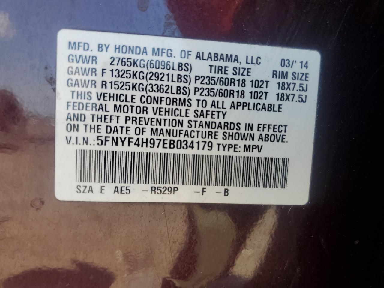 2014 Honda Pilot Touring VIN: 5FNYF4H97EB034179 Lot: 67043165