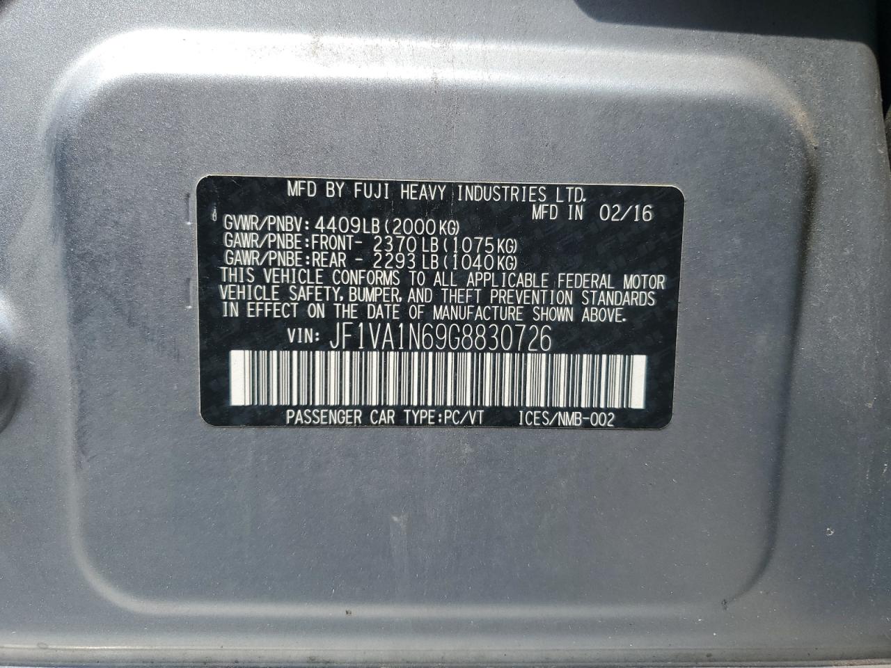 2016 Subaru Wrx Limited VIN: JF1VA1N69G8830726 Lot: 64556555