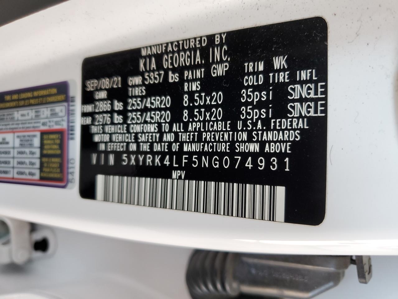 2022 Kia Sorento Sx VIN: 5XYRK4LF5NG074931 Lot: 64240745