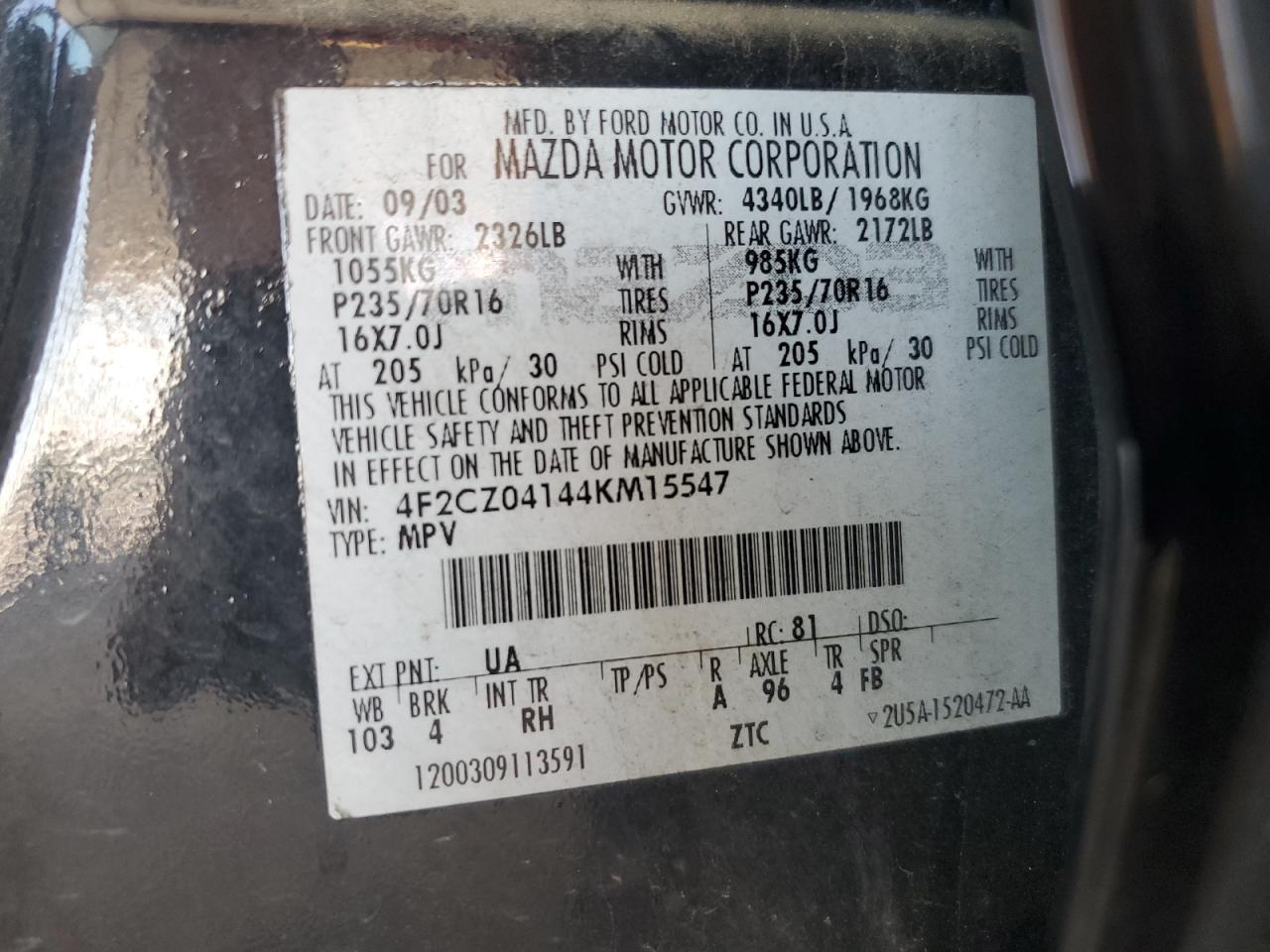2004 Mazda Tribute Lx VIN: 4F2CZ04144KM15547 Lot: 63337835