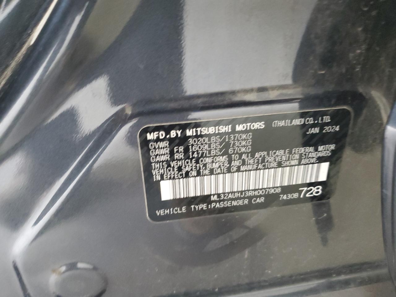 2024 Mitsubishi Mirage Es VIN: ML32AUHJ3RH007908 Lot: 64415475