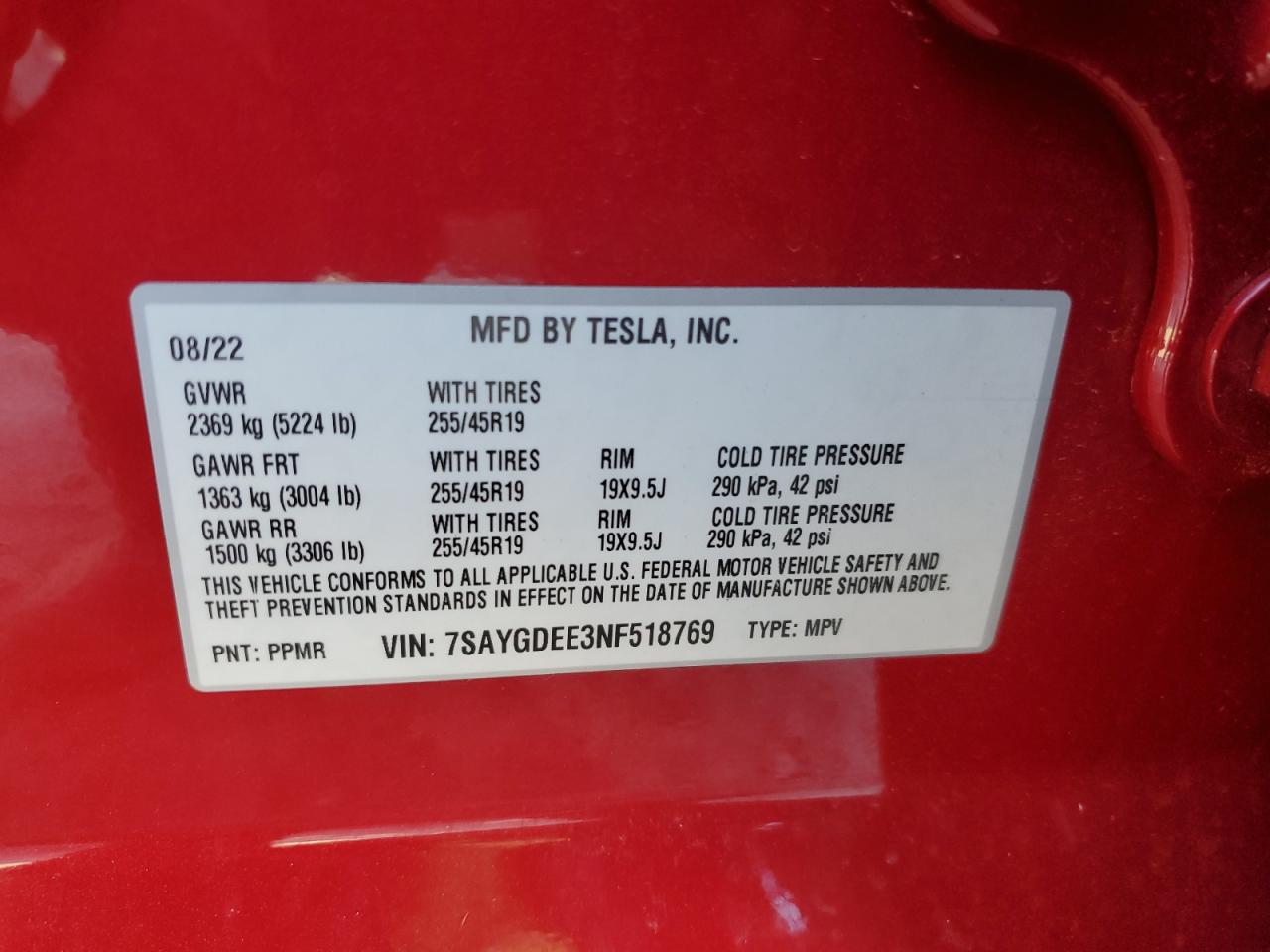 2022 Tesla Model Y VIN: 7SAYGDEE3NF518769 Lot: 64082465