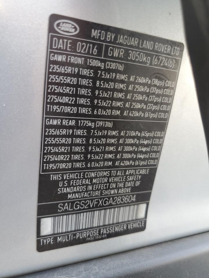 2016 Land Rover Range Rover Hse VIN: SALGS2VFXGA283604 Lot: 63676315