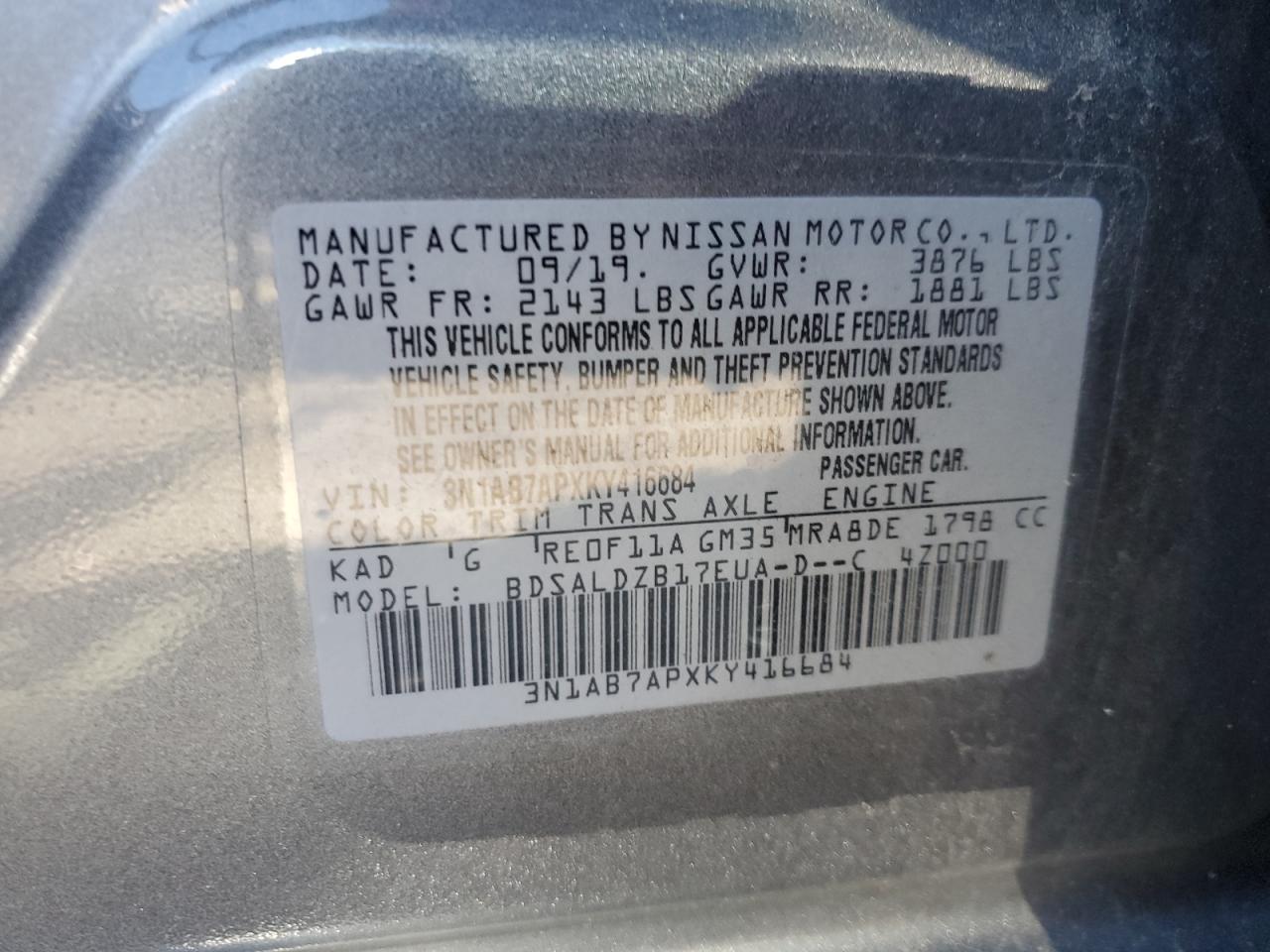 2019 Nissan Sentra S VIN: 3N1AB7APXKY416684 Lot: 64679445