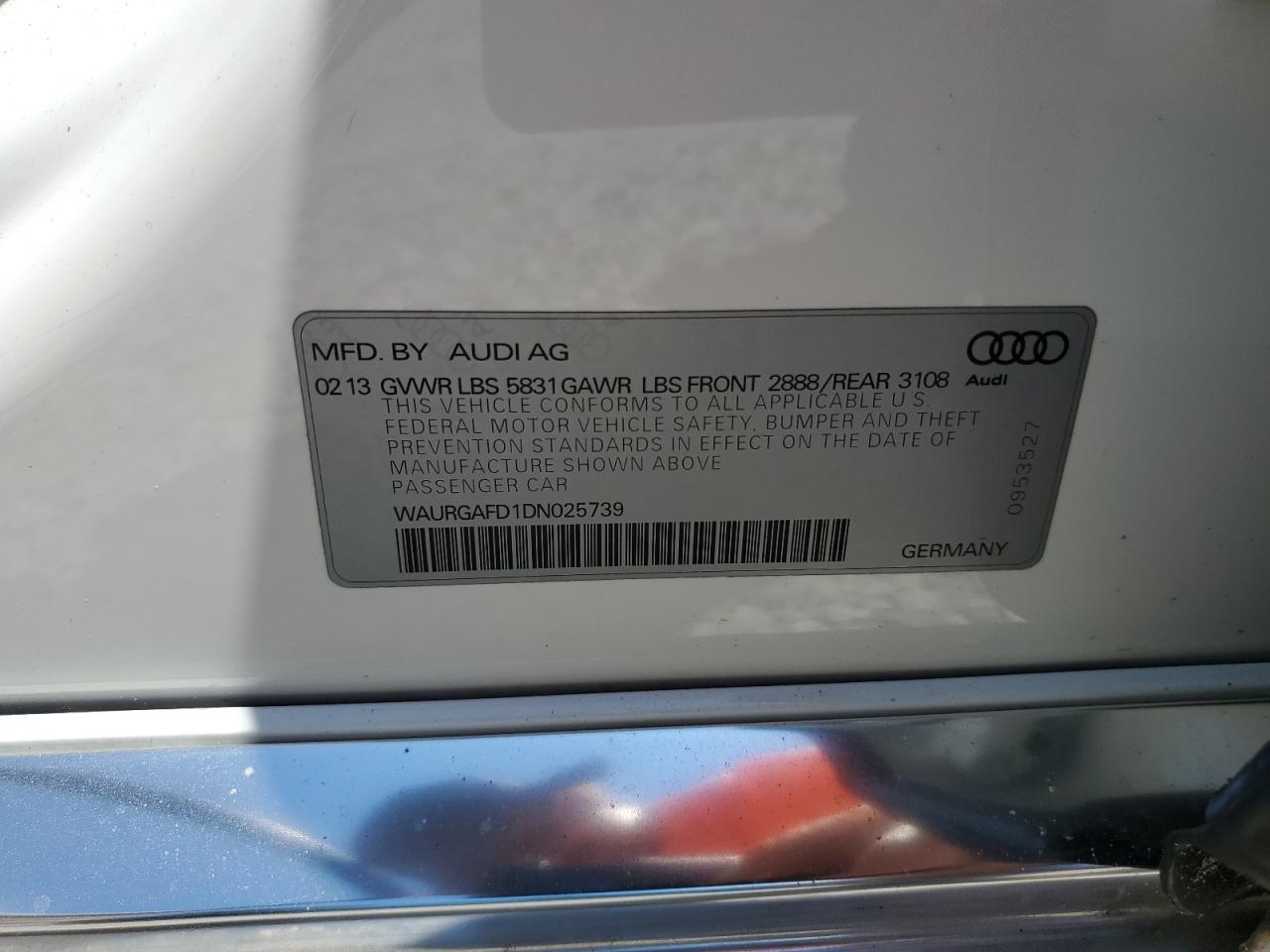 2013 Audi A8 L Quattro VIN: WAURGAFD1DN025739 Lot: 62751375