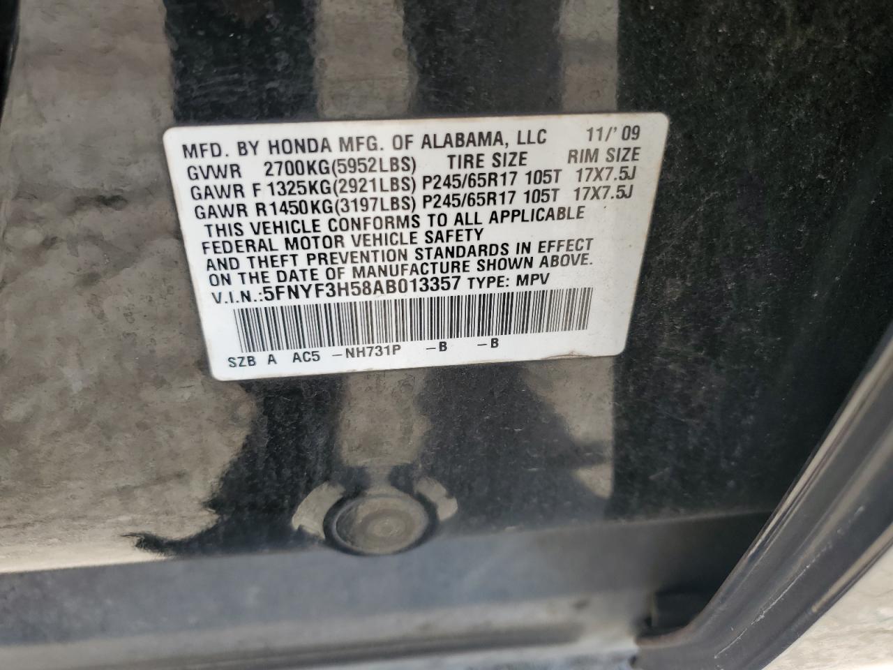 2010 Honda Pilot Exl VIN: 5FNYF3H58AB013357 Lot: 64495185